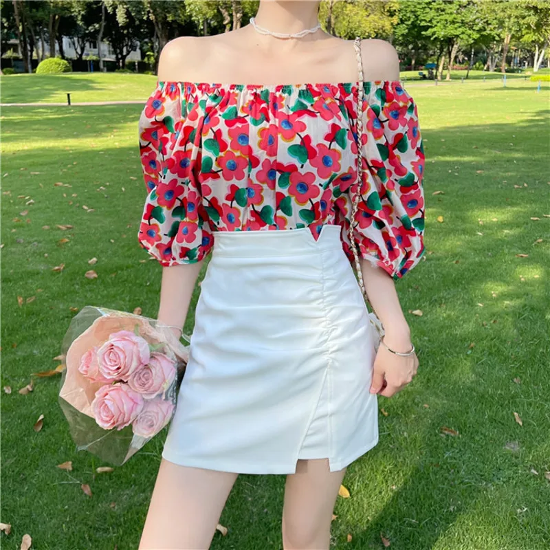 French Vintage Women Slash Neck Pleated Floral Printed Tshirt Sweet Casual Female Tee Tops Off Shoulder Summer Fashion T-shirts