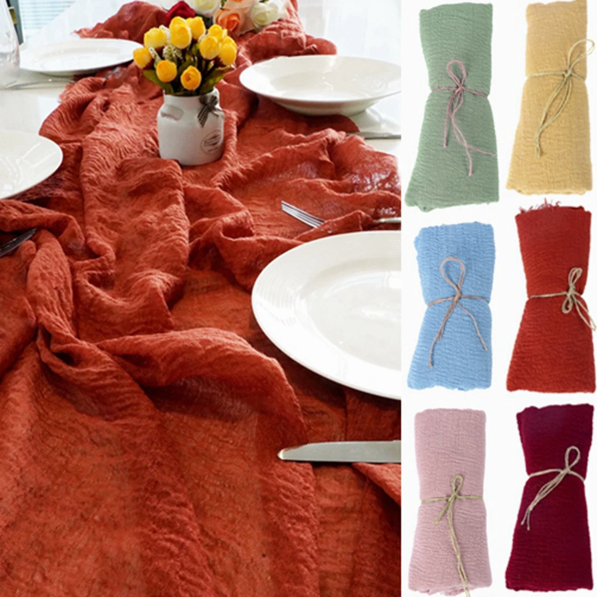 

90*180cm Raw Edge Fringed Voile Table Runner Rustic Wedding Party Birthday Decoration for Boho Vintage Home Table Setting Decor