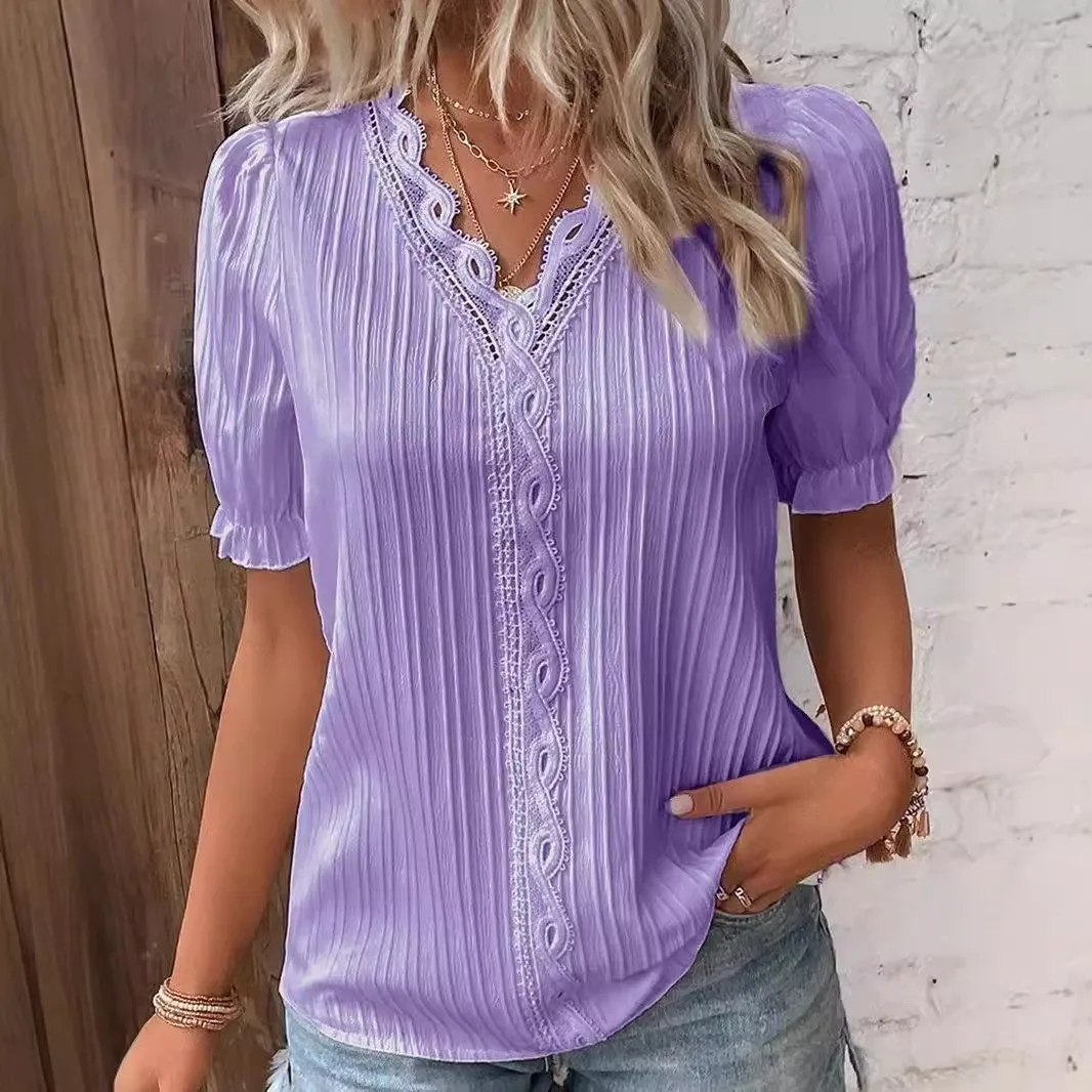 Summer Women's Clothing Short Sleeve V Neck Tops Casual Blouse For Woman Polyester Regular Fit Solid Color Vacation Wear