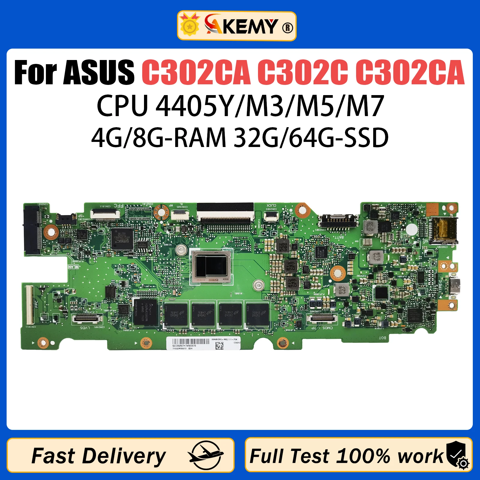 

C302CA Laptop Motherboard For ASUS Chromebook C302C C302CA Mainboard M3-6Y30/M5-6Y54/M7-6Y75 CPU 4G/8G-RAM 32G/64G-SSD