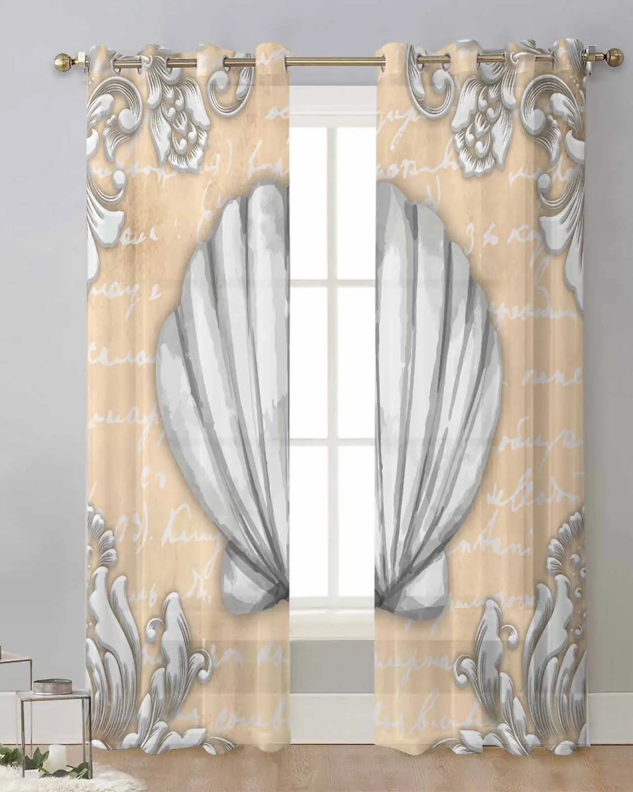 Text Stone Carving Shell Natural Color Sheer Curtains For Living Room Window Transparent Voile Tulle Curtain Drapes Home Decor