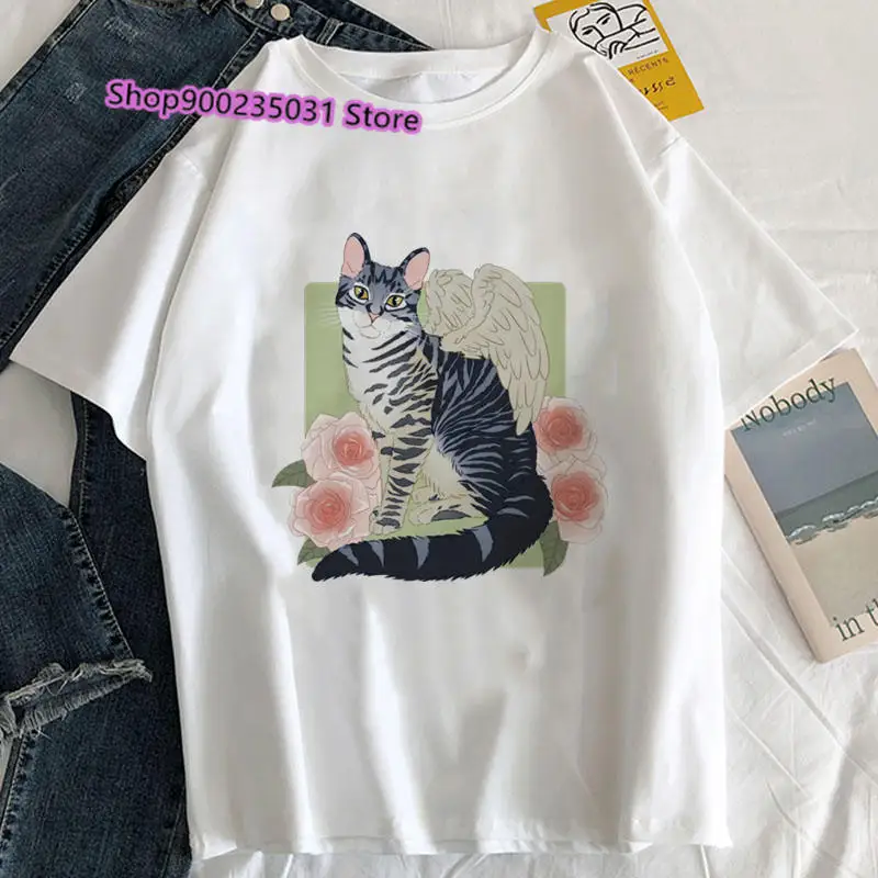 Cute Angel Cat magliette donna magliette estetiche stampate girocollo T-shirt stile coreano per abbigliamento Vintage Harajuku da donna