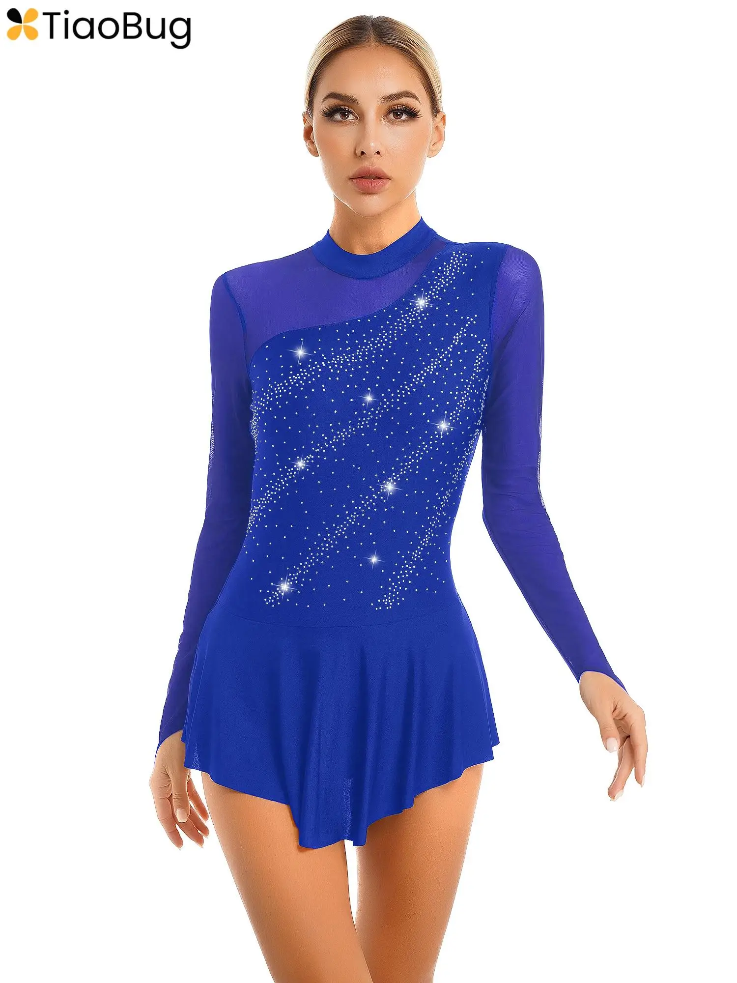 

Womens Shiny Rhinestone Long Sleeve Figure Ice Skating Dress Mesh Splice Ballet Dance Tutu Dress Competition Performance Costume