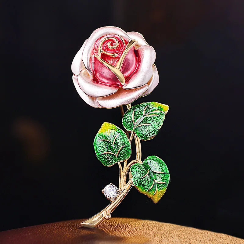 Vintage Enamel Drip Glaze Rose Brooch Lucky Chinese Style Elegant Gold Tone Accessory For Women Suit Dress Daily Party Wear Gift