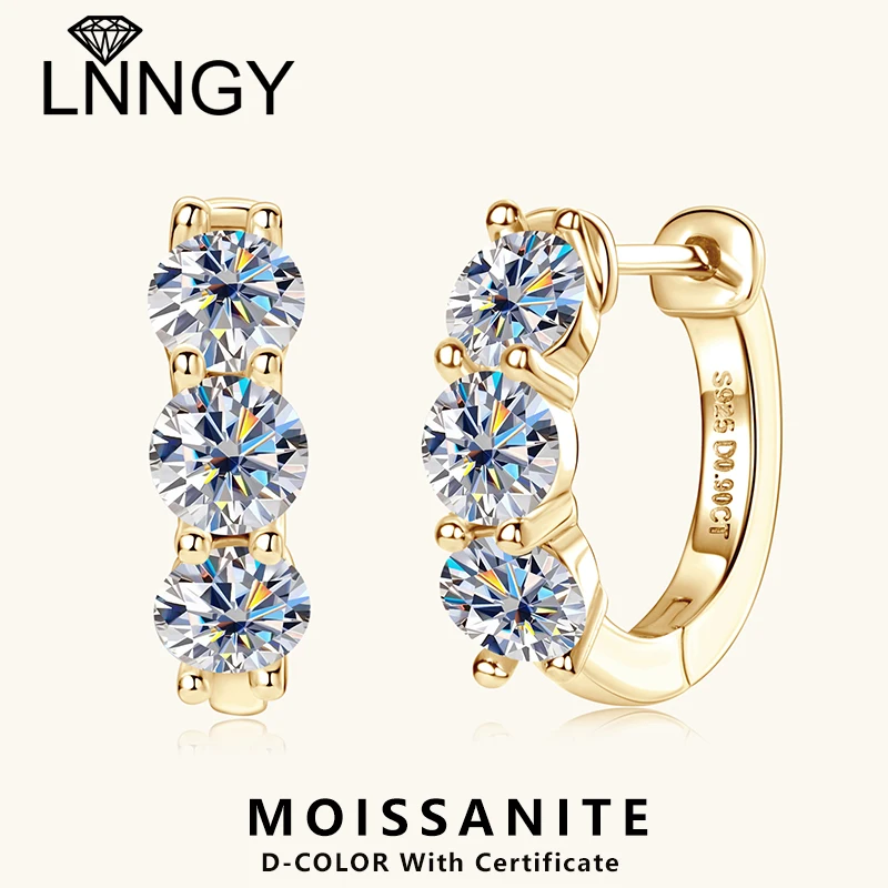 

Lnngy 925 Sterling Silver Circle Earring Sparkling Three Stone 4mm Moissanite Hoop Earrings For Women Girl Fine Jewelry Gift