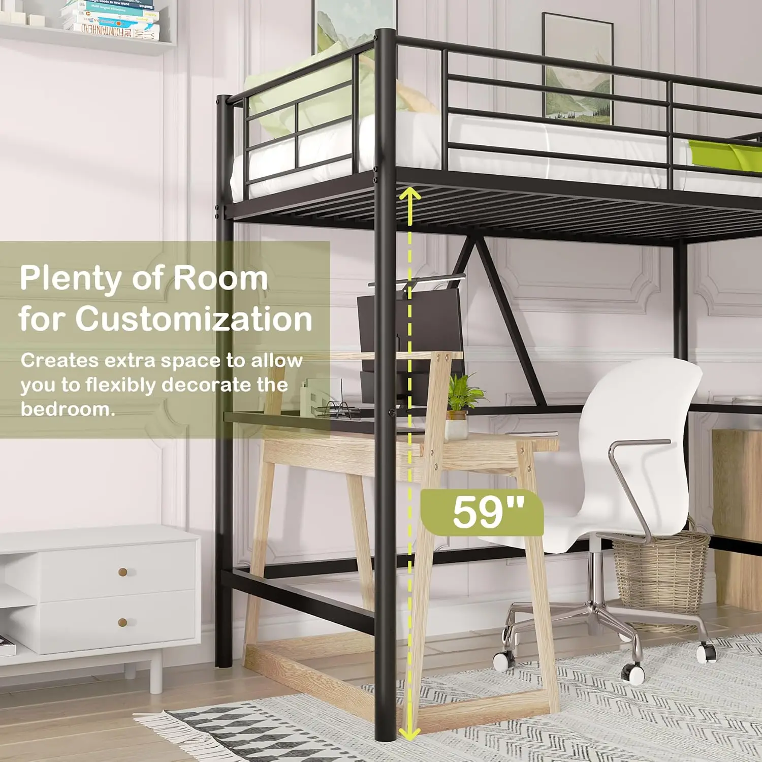 Loft Bed Twin Size, Heavy Duty Bedframe with Removable Ladder and Safety Guardrail, Space-Saving, Noise Free, No Box Spring Need