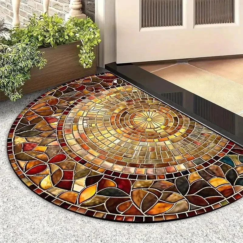 VIKAMA Half Round Stained Glass Mosaic Warm Sunburst Art Crystal Velvet Door Mat Non Slip Entryway Bedroom Living Room Home Soft