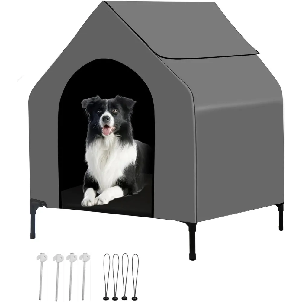 

36-дюймовый домик для собак на открытом воздухе для средних/больших пород - наружный водонепроницаемый и солнцезащитный домик для собак, повышенная кровать для собак с навесом для собак