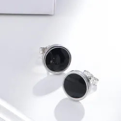 Buyee 925 Sterling Silver Round Stud Earring Light Black Stone Earring for Woman Man Classic Fashion Punk Fine Jewelry Earring