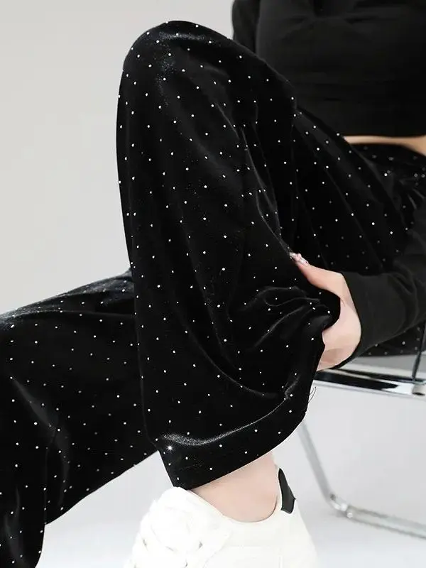 Black Velvet Wide Leg Pants Women's Loose Elegant High Waist Sequin Drapey Straight Cut Trousers Casual Polyester Fiber