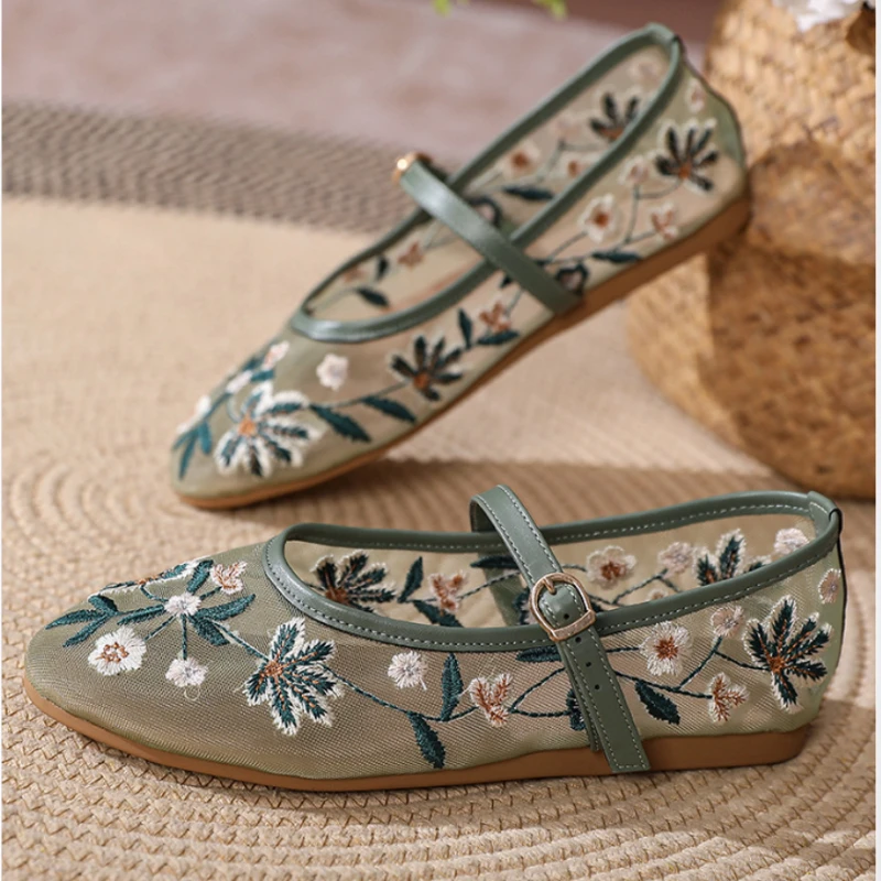 2025 Spring High Quality Casual Mesh Women\'s Flats, Buckle Decoration Big Size Mary Jane Shoes  womens shoes