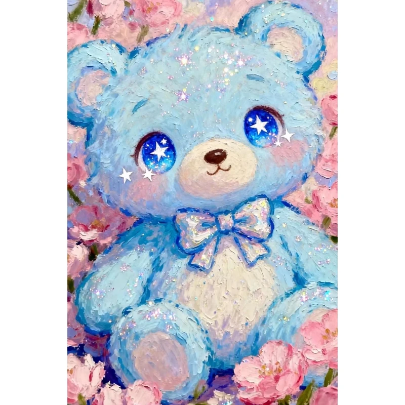 5D DIY Diamant-Malerei-Set Niedlicher Blauer Bär Kunstwerk Blumenmuster Vollflächiges Strass-Mosaik Wanddekoration Bastelset Geschenk für Zuhause