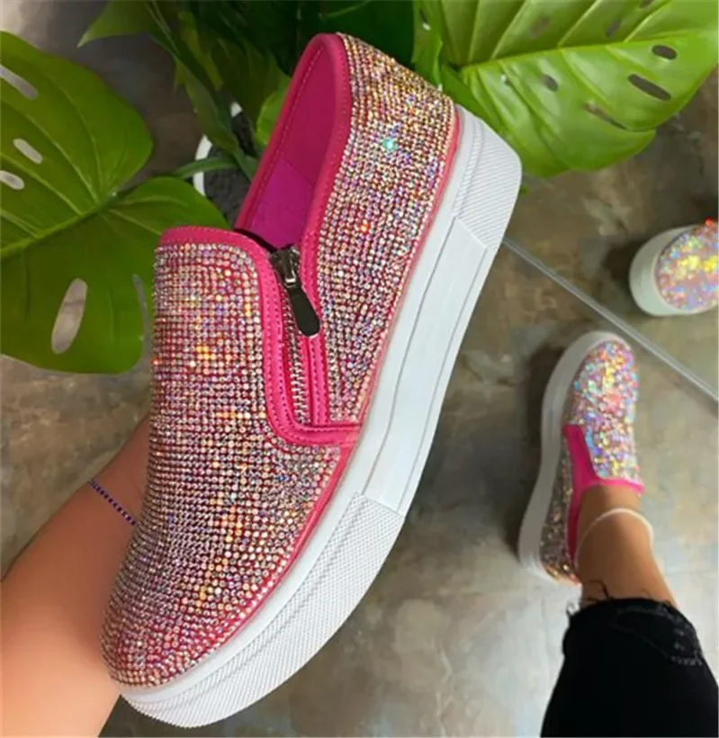 2023Women Flat Casual Single Shoes Fashion  Rhinestone Bling Sewing Platform Loafer Luxury Shoes Casual Comfortable Female Shoes