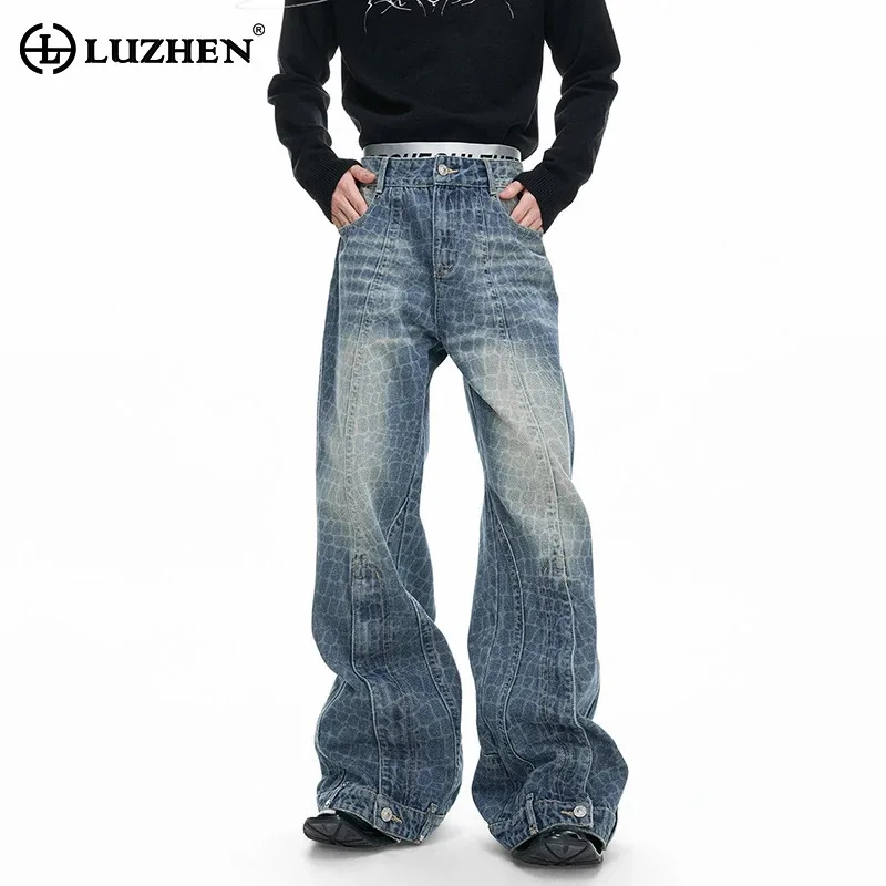 

LUZHEN 2026 Новые модные текстурированные джинсы с эффектом потертости, повседневные прямые мужские джинсы, стильные уличные свободные широкие винтажные джинсовые брюки JY6201