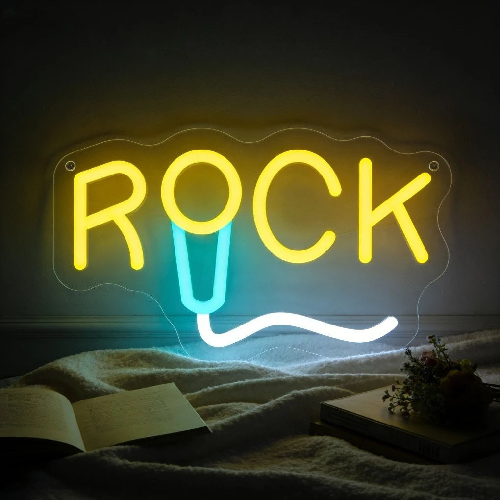 

Светодиодная неоновая вывеска ROCK с микрофоном, дизайн в музыкальной тематике, для спальни, гостиной, бара, домашнего декора, яркое настенное освещение, подарок