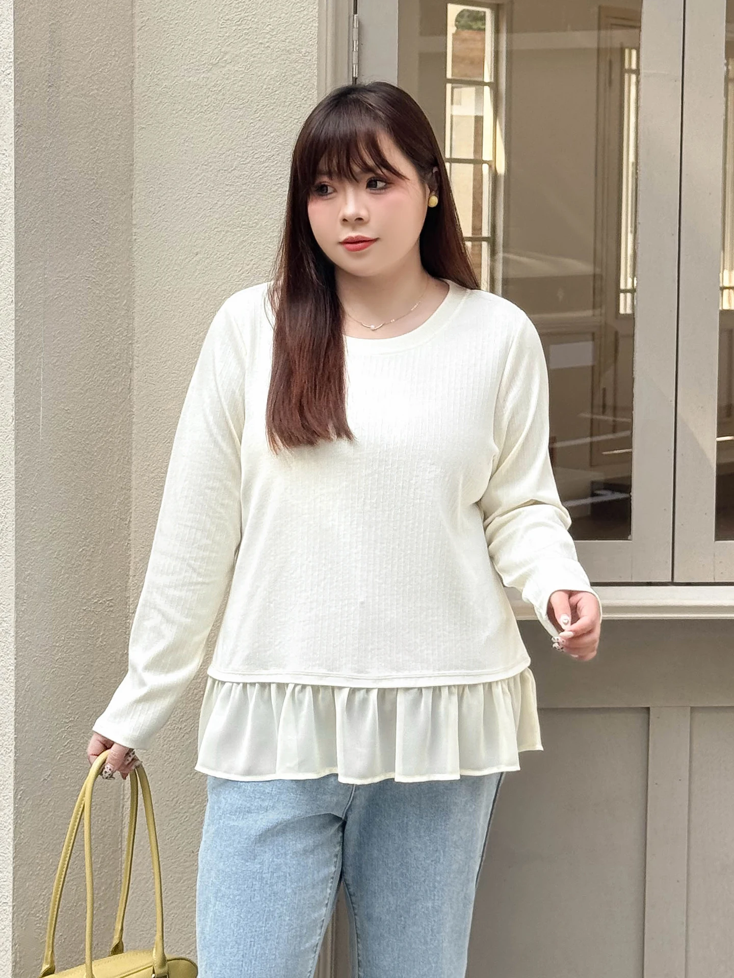 

plus Size Women's Knitted Long Sve round Ne Base irt Spring Season Meat Concealment Flounce Casual Loose Fit Breathabl...
