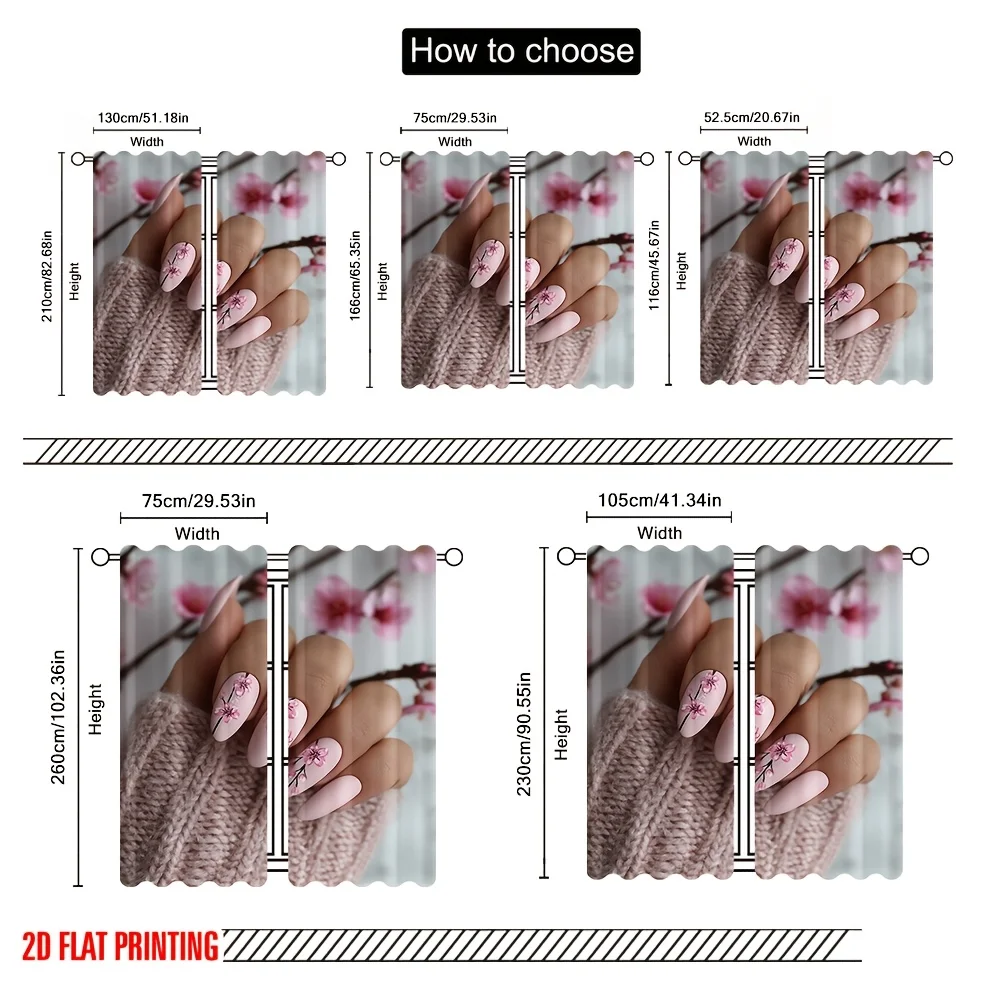2D Flat 2pcs Pink Nail Art Curtains Floral Manicure Print Drape Girls Room Bedroom Window Treatment Cute Beauty Home DecorPanels
