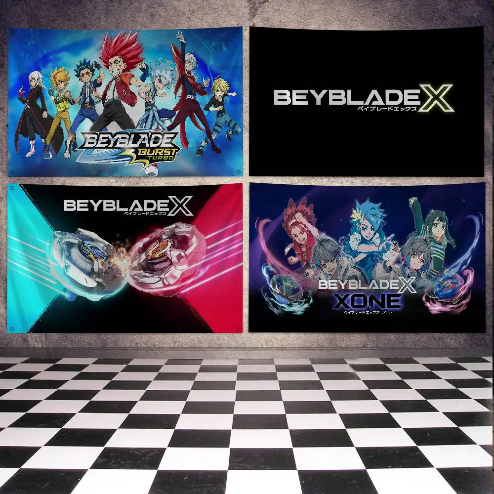 B-Beyblade X Logo Anime Flag Banners Four Hole Flag Polyester Outdoor Decor Room Aesthetic