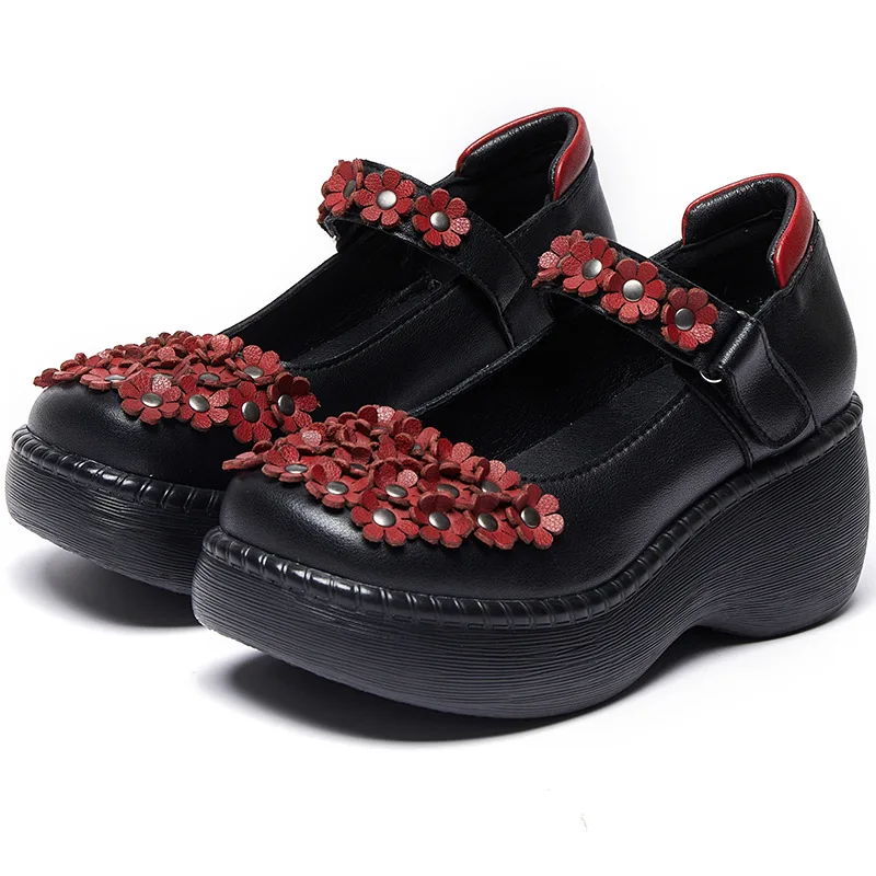 ZXRYXGS 2024 High Quality Cowhide Flowers Women Leather Shoes Fashion Shoes Increase Platform Comfort Wedges Shoes High Heels