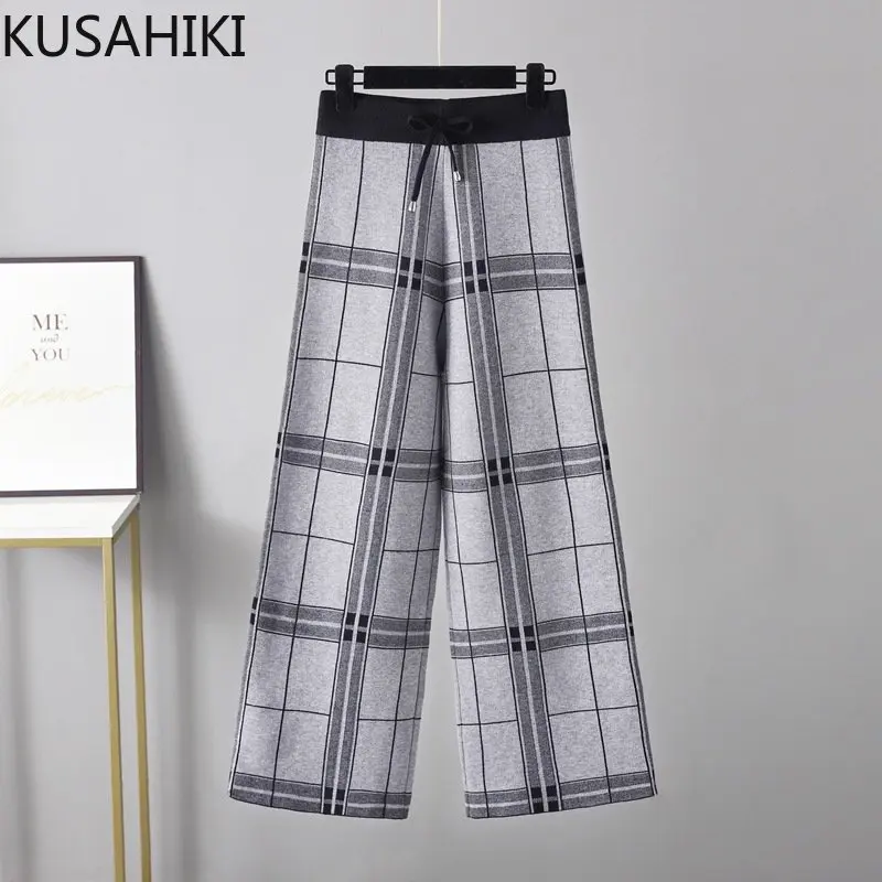 KUSAHIKI Vintage Plaid Wide Leg Sweater Pants Women Autumn Winter Korean Lace Up High Waist Long Trousers Causal Knitted Pant