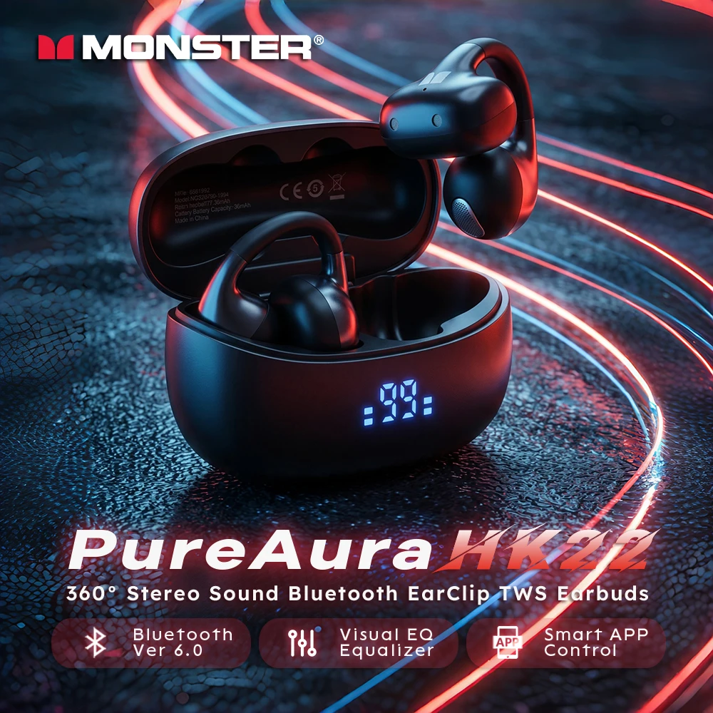 Monster PureAura HK22 Ohrclip-Ohrhörer 360 °   HiFi-Stereo-Bluetooth-6.0-Kopfhörer TWS Kabellose Sport-Ohrhörer mit APP-EQ-Equalizer
