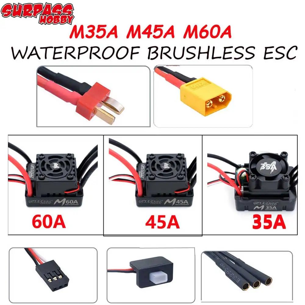 Surpass Hobby M35A 45A 60A 2-3S Waterproof Brushless ESC T/XT60 Plug for 1/10 1/12 1/14 1/16 RC Car F540 3650 Brushless Motor