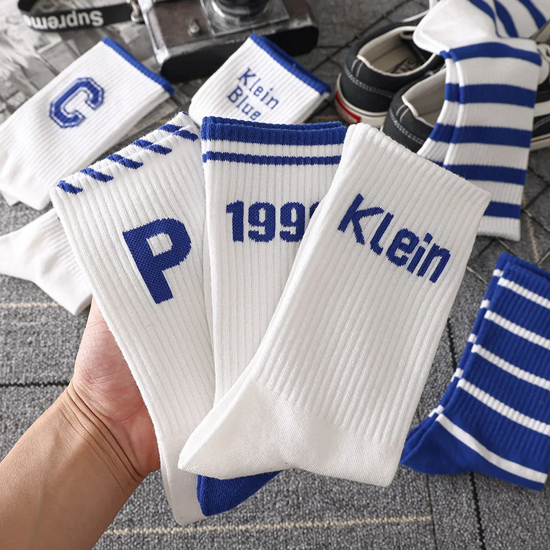 Klein Blue Cotton Letter Socks Autumn and Winter Middle Tube Striped Socks for Women High Socks Sport Socks for Men