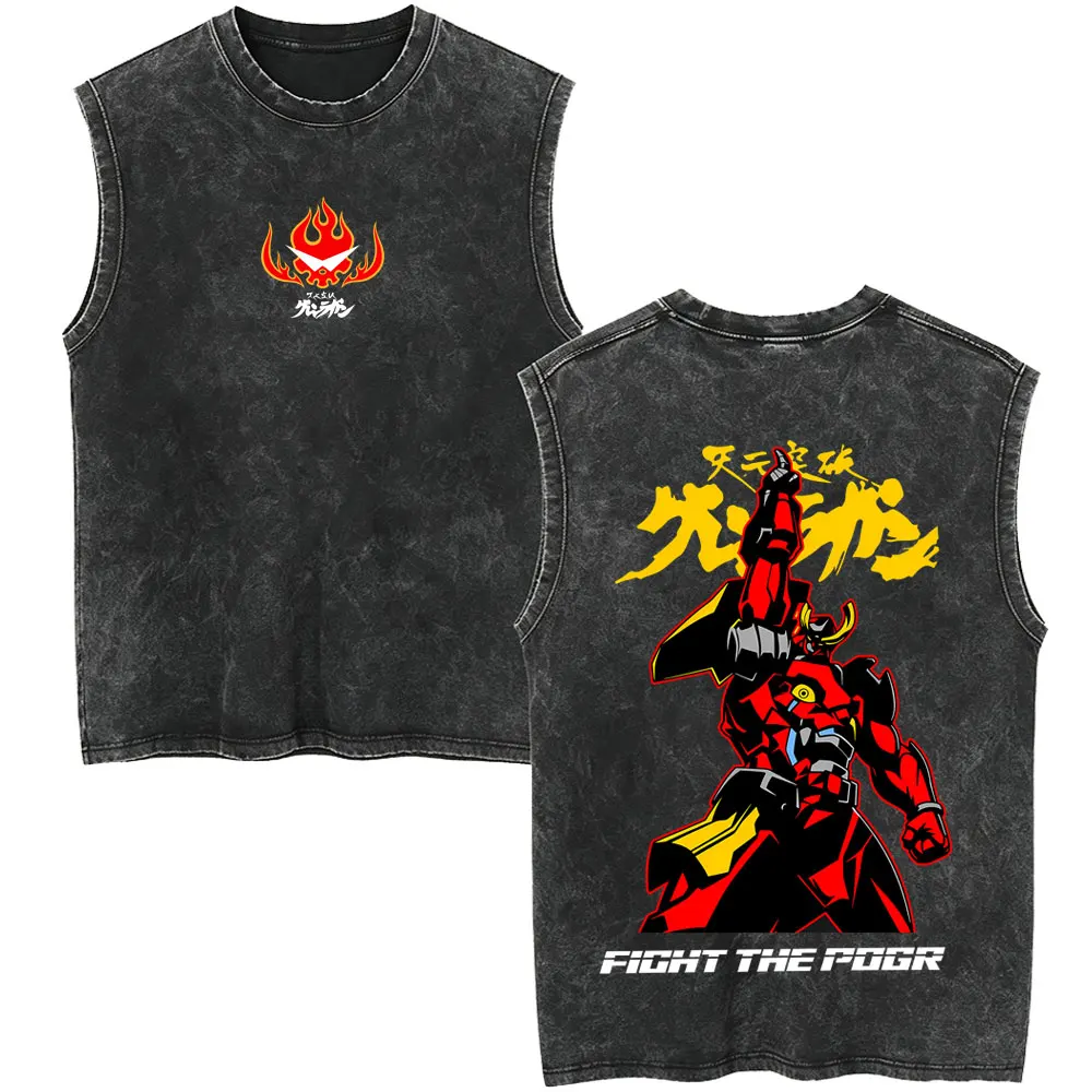 Anime Tengen Toppa Gurren Lagann Vintage Washed Tank Tops Men Oversized T-shirt Men's Clothing Cartoon Sleeveless Vest T-shirt