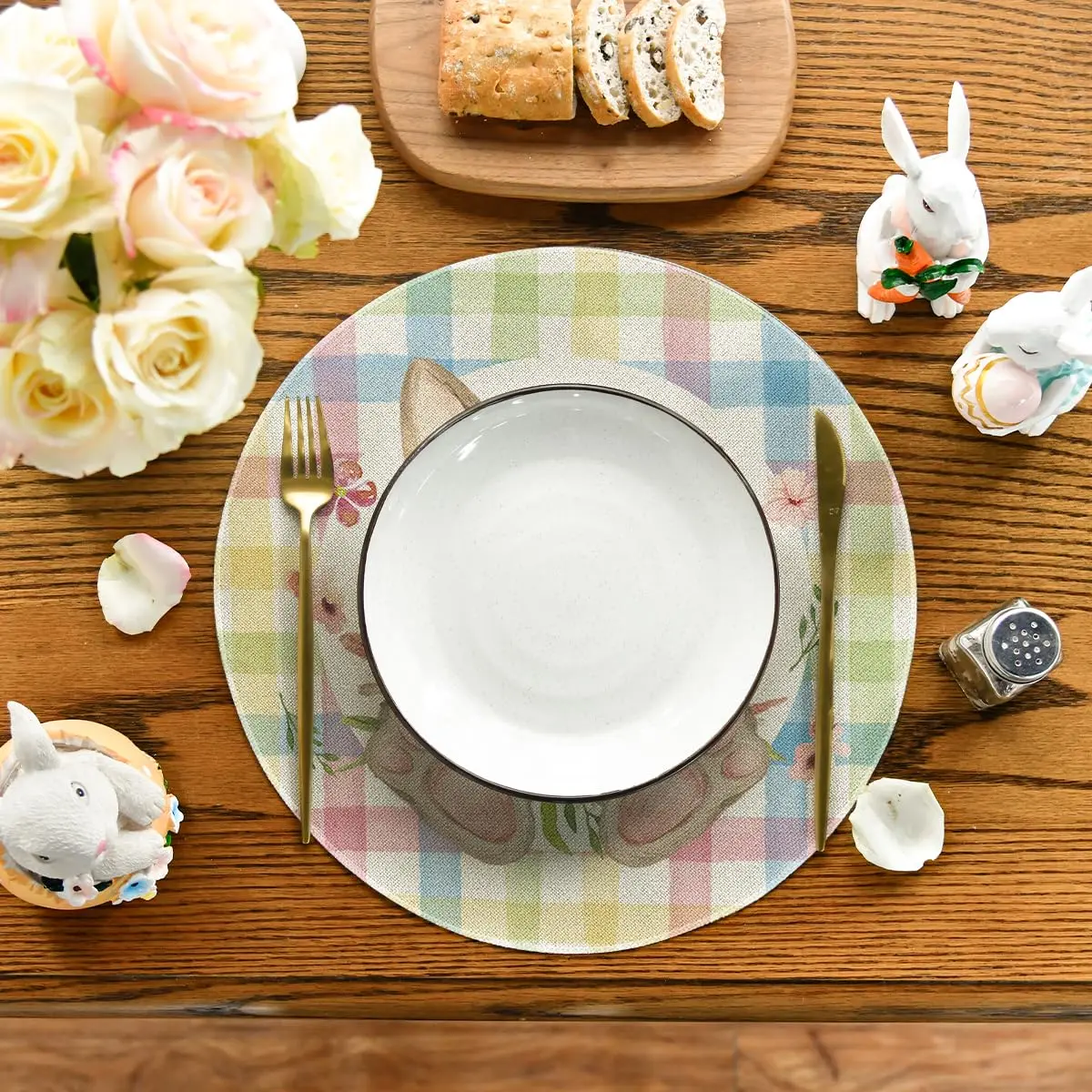 Easter Round Placemats Set of 4, 14 Inch Colored Bunny Flowers Spring Round Table Mats for Easter Party Dining Decoration