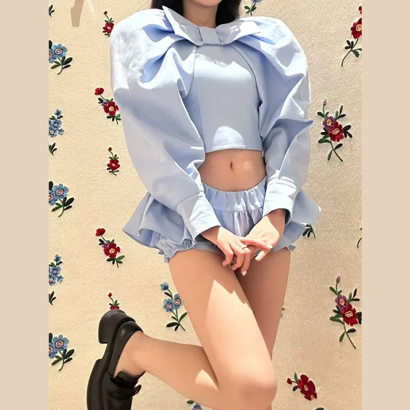 Designer Brand Big Bow Bubble Sleeve Puffy Club Top Sweet Kawaii Clothes Ruffless Sexy Mini Shorts Blue Black Set 2023 New