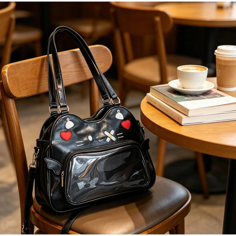 Umhängetasche, Katzenförmige Ita-Tasche mit transparentem Sichtfenster für Abzeichen, Pins und Puppen, leichte, niedliche Mode-Rucksäcke – Detail 25