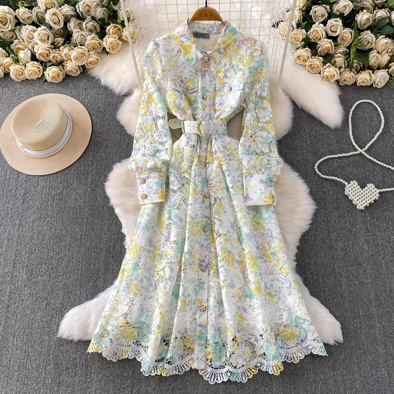 Robe de soirée de luxe brodée pour femmes, printemps-automne, Crochet, dentelle ajourée, mi-longue, chemise, boutons perlés, robes de bal