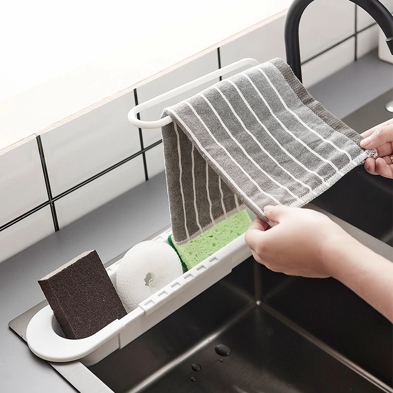 Telescopic Sink Drain Rack Soap Sponge Holder Self Adhesive Kitchen Paper Holder