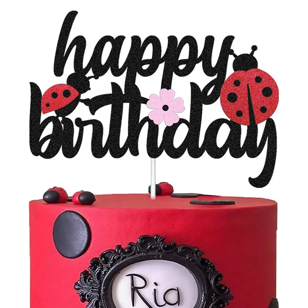 Ladybug Birthday Decorations Happy Birthday Banner Cake Topper Black Red Latex Balloon Cutlery Kids Ladybug Theme Party Supplies