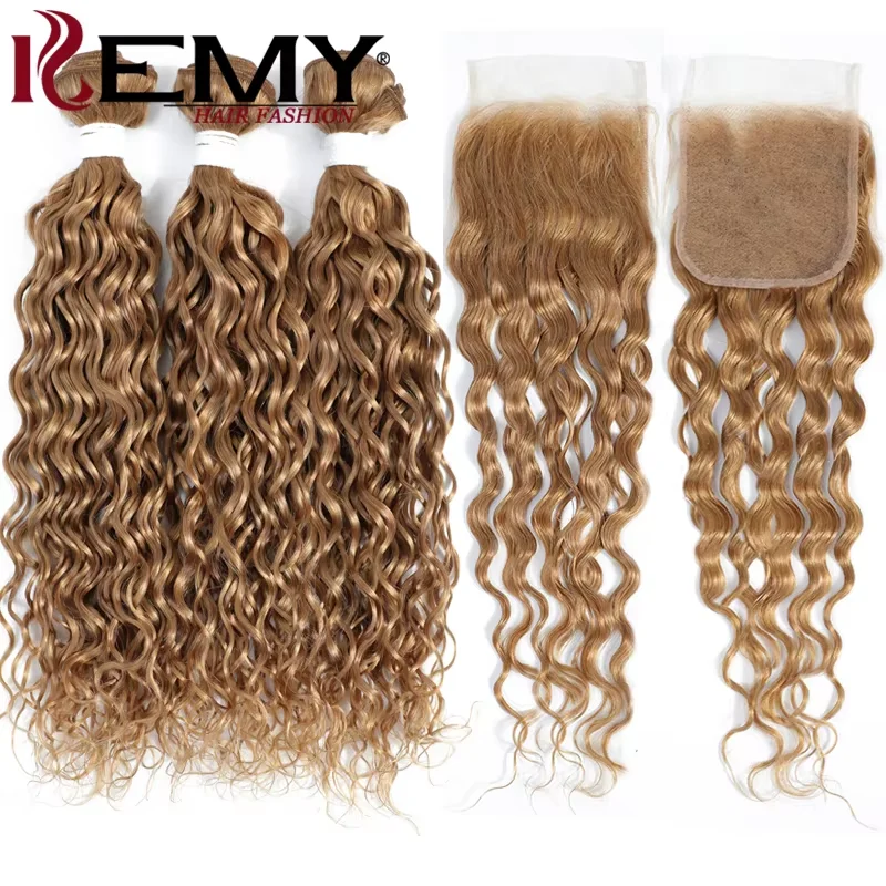 Water Wave Human Hair Bundles With Closure Honey Blonde Colored Hair Weave Bundles With Closure Brazilian Remy Hair Bundle Deals