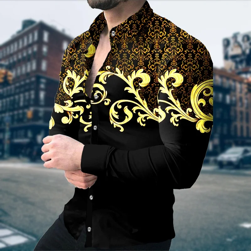 Men\'s Gold Luxury Printed Long sleeved Shirt Large Casual Cardigan Shirt Family Gathering High Quality New Fashion Shirt