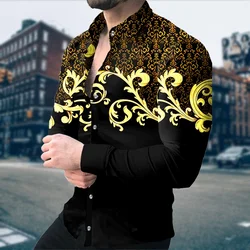 Men's Gold Luxury Printed Long sleeved Shirt Large Casual Cardigan Shirt Family Gathering High Quality New Fashion Shirt