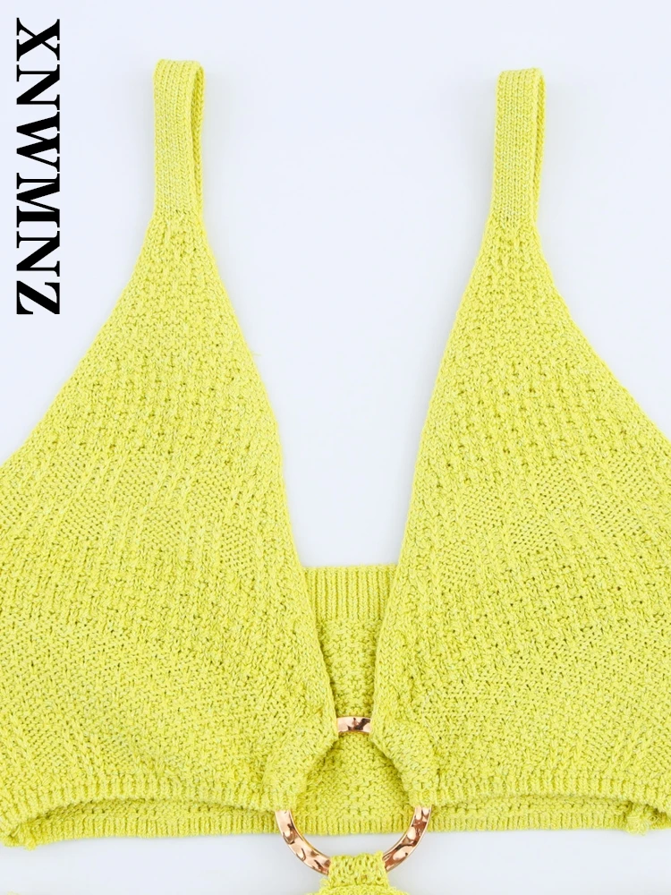 XNWMNZ 2025 verano señora Simple delgada correa de hombro sin espalda de punto vestidos midi club Chic mujer verde hombro vestido de moda