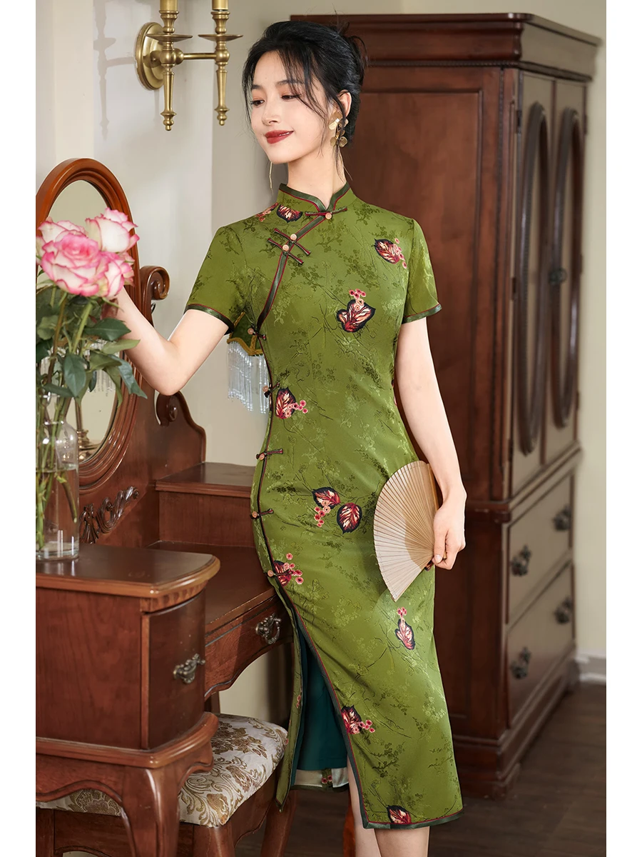 

Элитный традиционный китайский костюм из шелка и лайкры с коротким рукавом для женщин, лето 2024