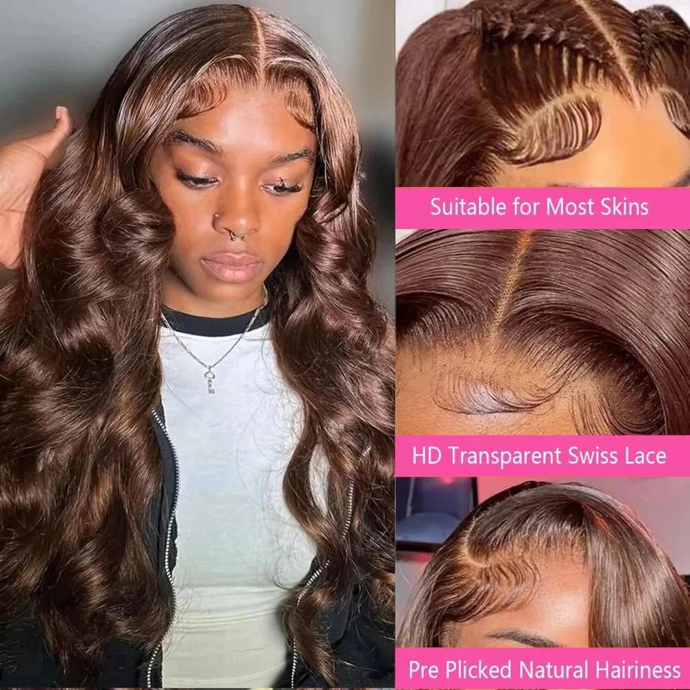 220% Density Chocolate Brown Body Wave Lace Front Human Hair Wig 13x4 13x6 HD Transparent Lace Frontal #4 Colored Wigs For Women image 2