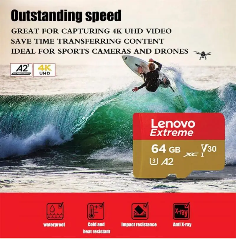 Lenovo SD Memory Card 256GB Micro TF/SD Card 1TB 2TB Class 10 High Speed A2 Flash TF Card 32GB 64GB Flash Card for 4K Camera