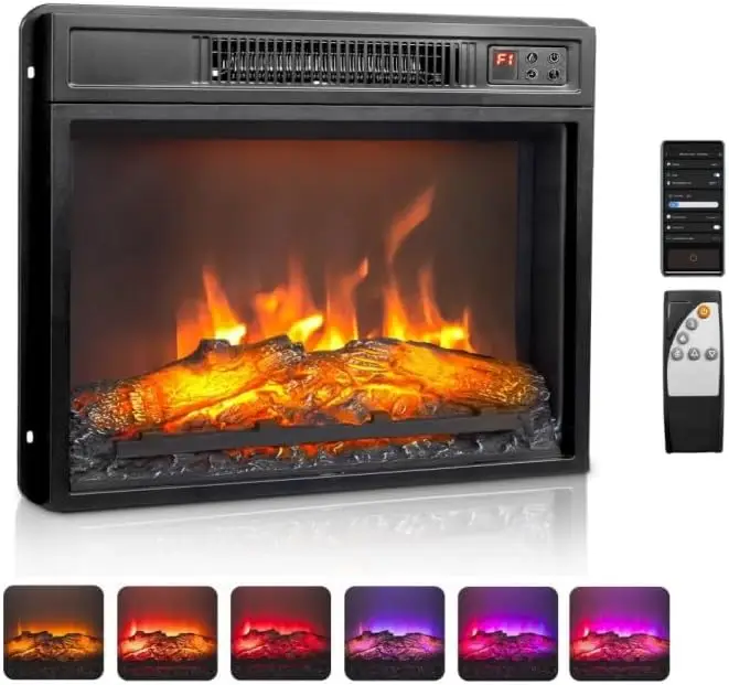 

26" Electric Fireplace Inserts with APP & Remote Control, 1400W Recessed Stove Heater with 8H Timer, 6 Flame Colors, 5 Bright
