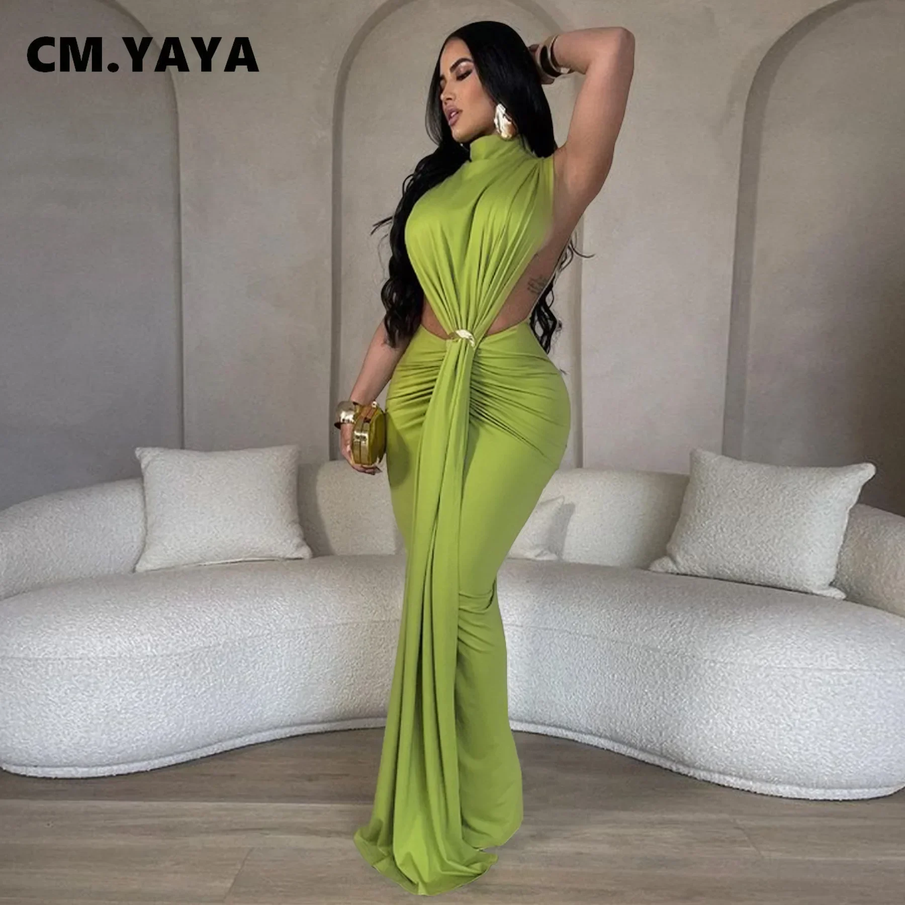 CM.YAYA mujeres cuello redondo alto Split acanalado apilado ceñido al cuerpo Midi Maxi vestido 2024 fiesta de noche Club Vestidos Sexy Chic Vestidos largos