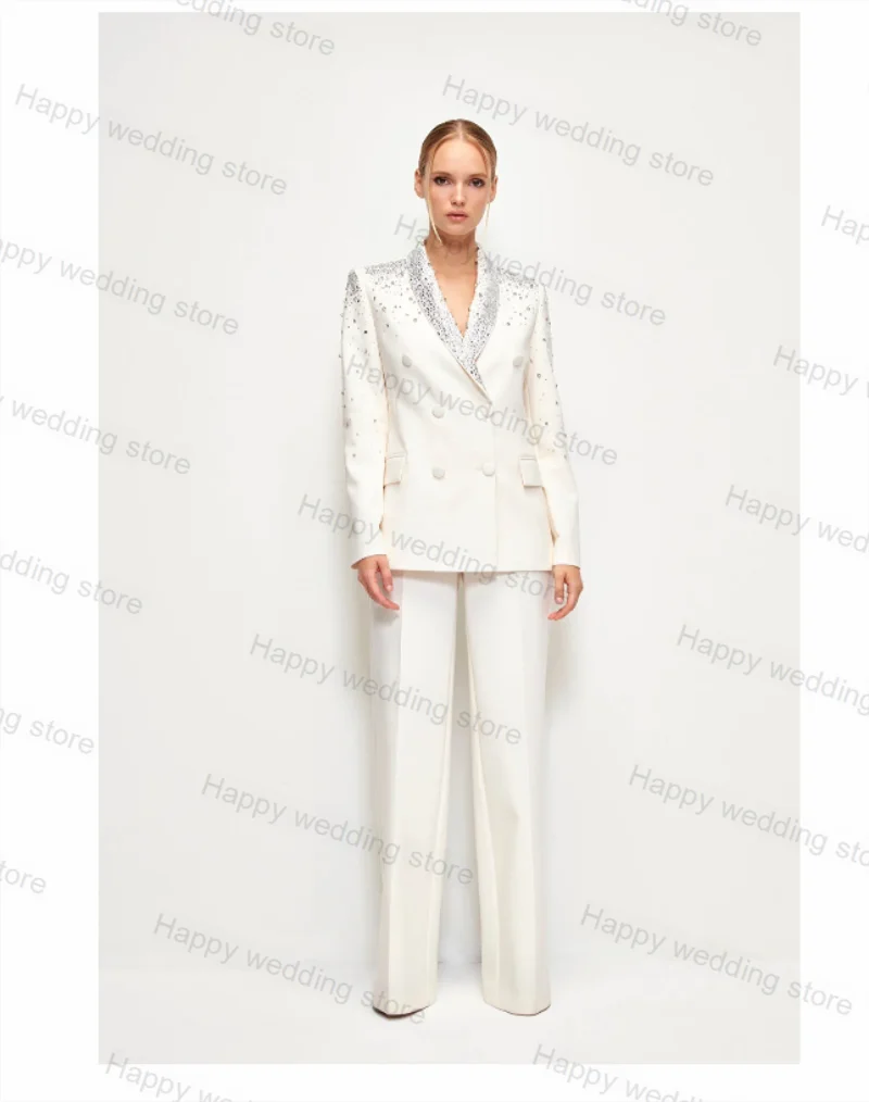 Elegant White Women Suit Set 2 Piece Blazer+Pants Formal Crystals Bead Pageant Wedding Tuxedo Jacket Coat Custom Made Prom Dress