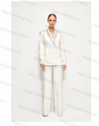 Elegant White Women Suit Set 2 Piece Blazer+Pants Formal Crystals Bead Pageant Wedding Tuxedo Jacket Coat Custom Made Prom Dress