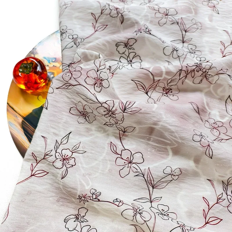 1 Meter Premium Pink Line Drawing Sakura Jacquard Digital Print Cotton Fabric Hanfu Qipao Dress DIY Sewing Clothing Material
