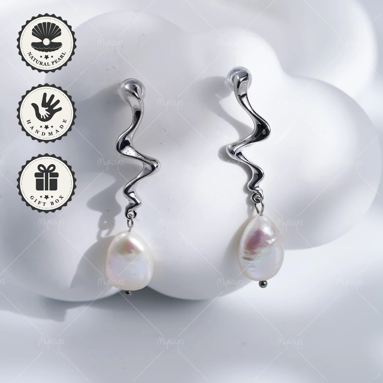 

Серьги-гвоздики MYSOYA 10-11 мм с белым жемчугом в стиле барокко, серебристые, в подарочной коробке, подарок на день рождения, День святого Валентина