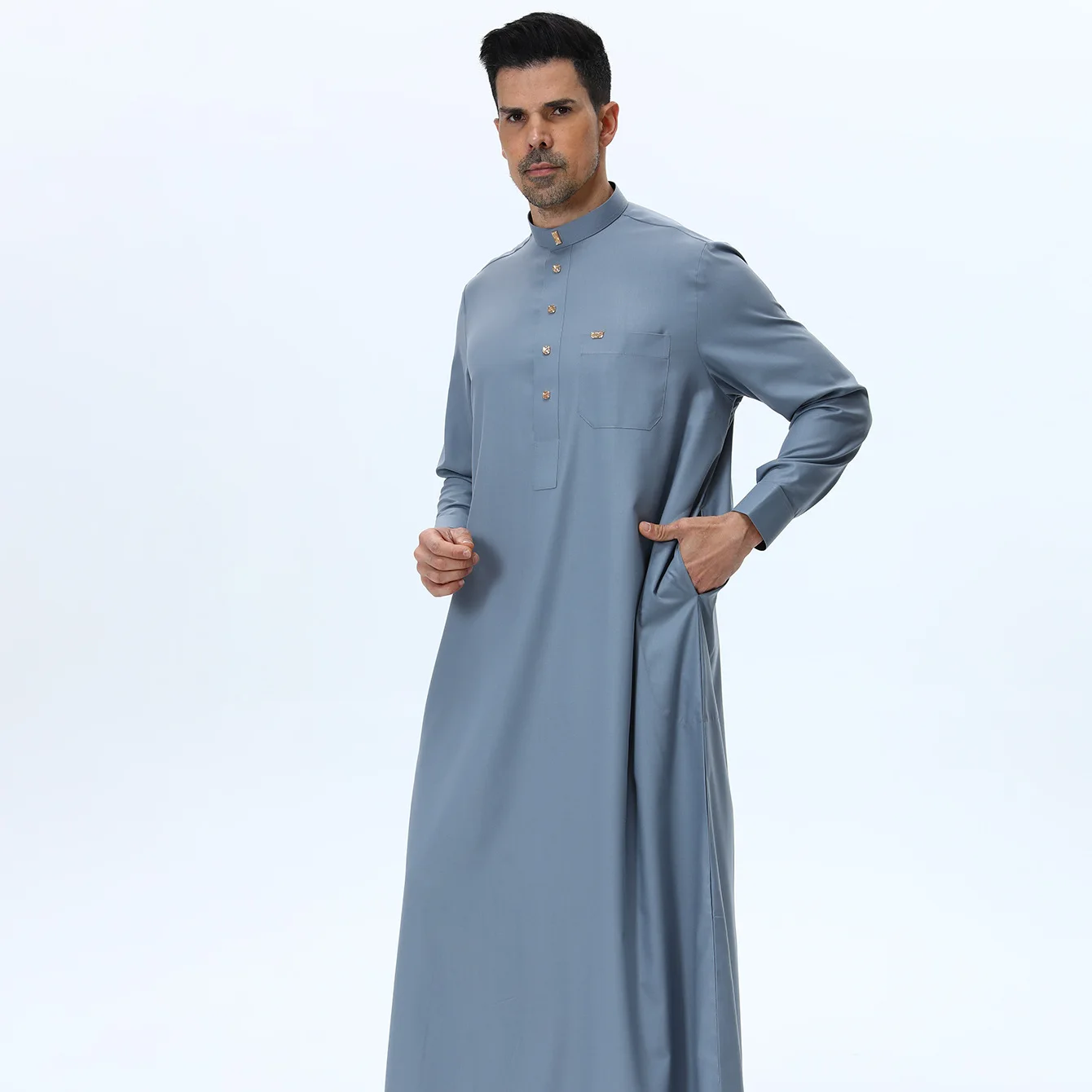 

Muslim Men's Clothing Middle East Saudi Arabia Stand-up Collar Semi-open Placket Loose Solid Color Robe Muslim Men Clothing