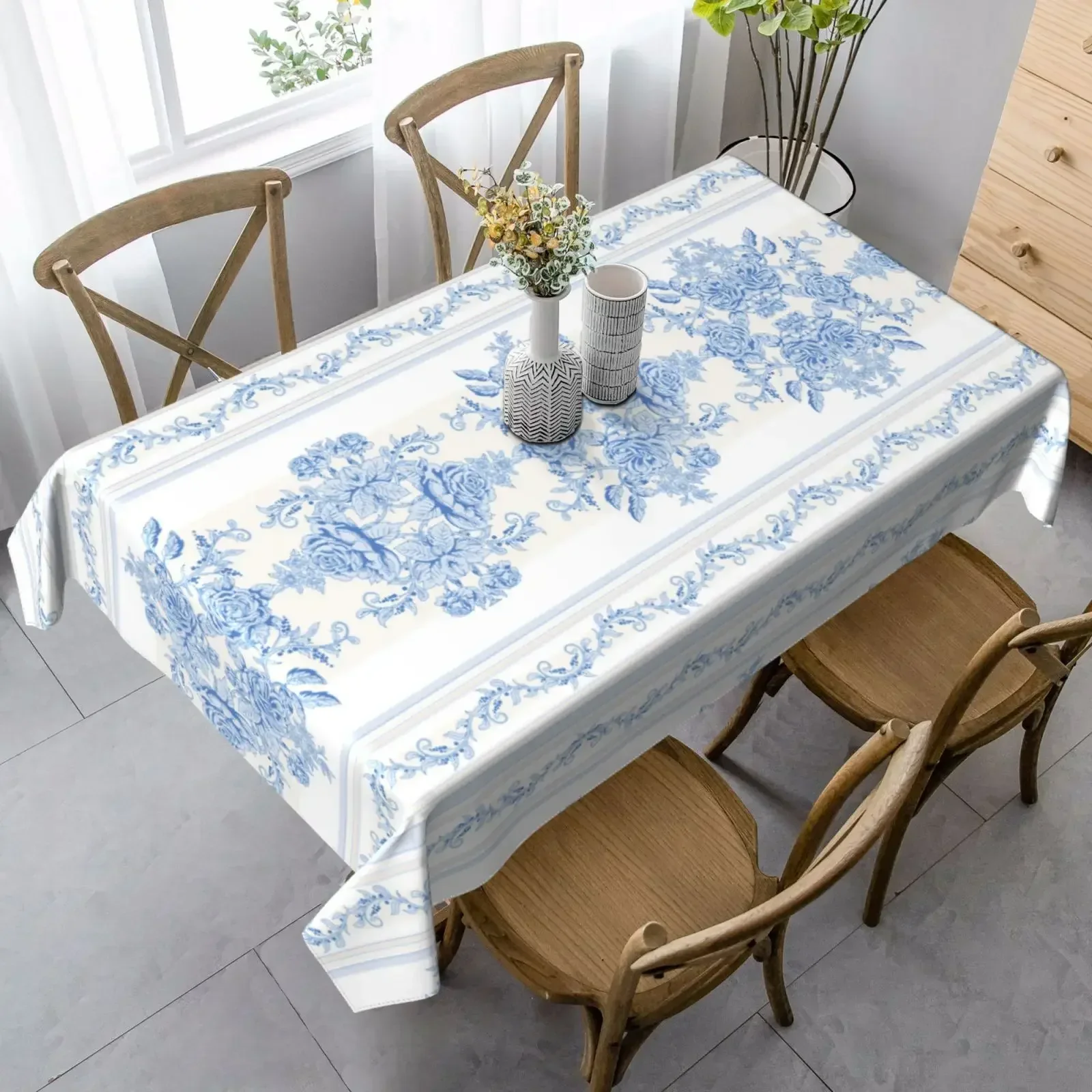 Nordic Ins Blue Rose Printed Tablecloth Suitable for Cafe Restaurant Tablecloth Waterproof Picnic Cloth Party Tablecloth STB9-D