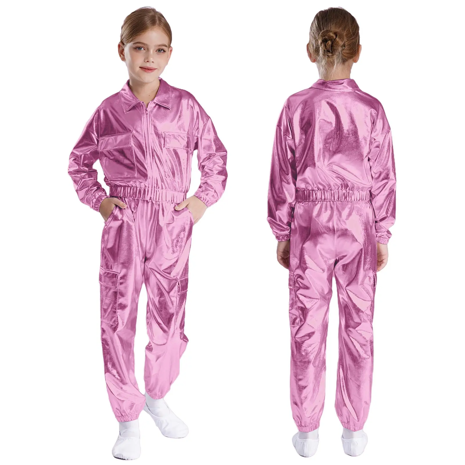 Kinder Jungen Mädchen Jazz Hip-Hop Street Dance Performance Kostüm Metallisch glänzend Langarm Sportjacke Mantel mit Hosen Outfits – Detail 31
